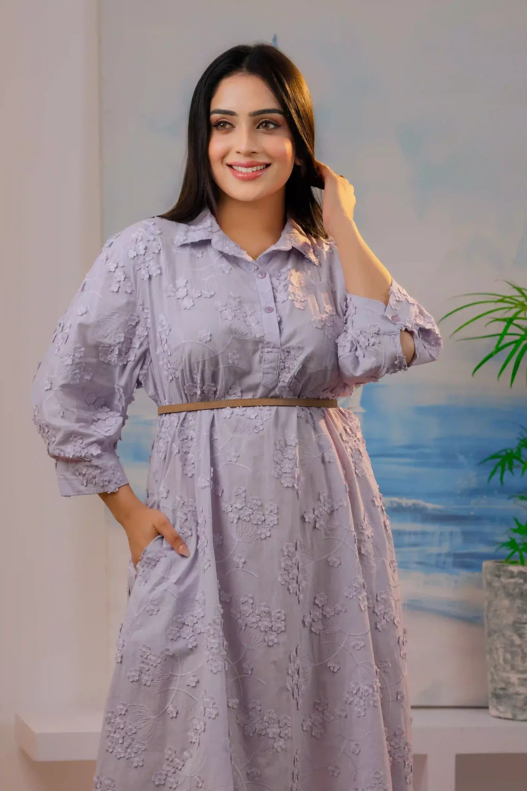 3D Cotton Purple Floral Desi Dress