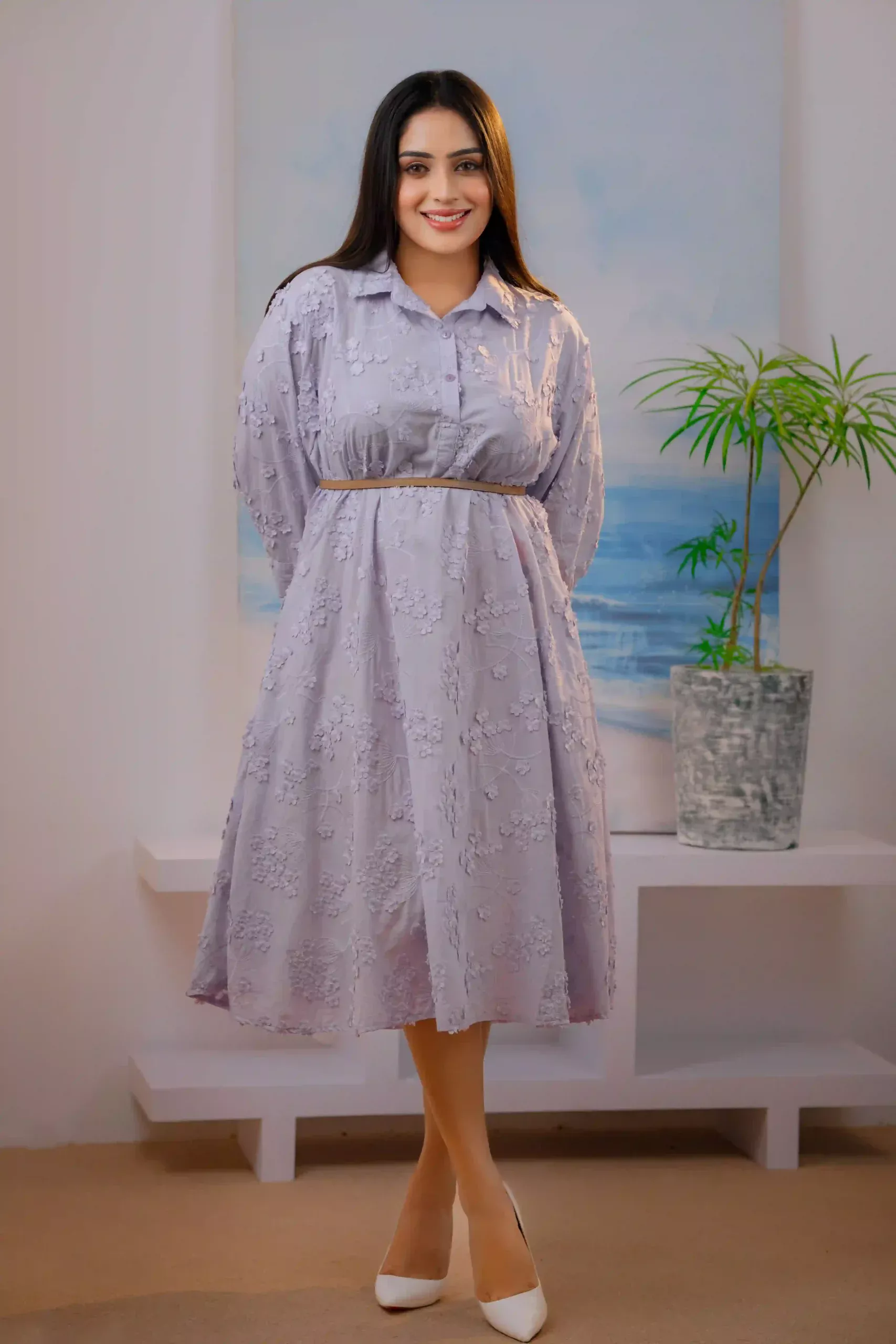 3D Cotton Purple Floral Desi Dress - Image 2