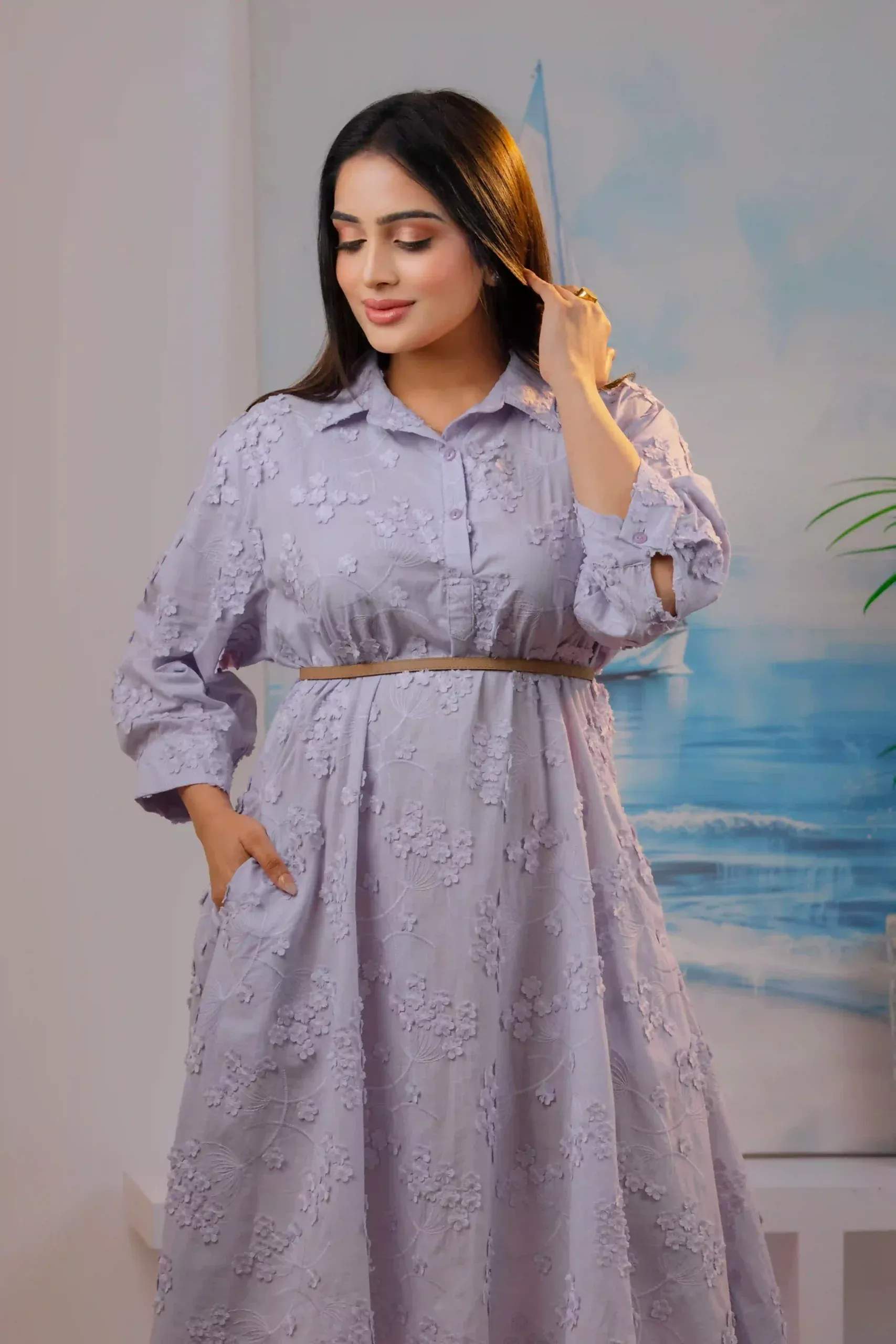 3D Cotton Purple Floral Desi Dress - Image 3