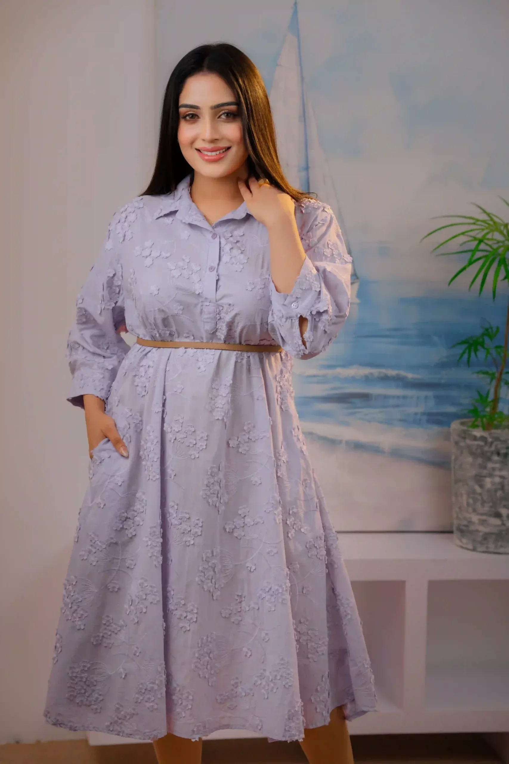 3D Cotton Purple Floral Desi Dress - Image 4